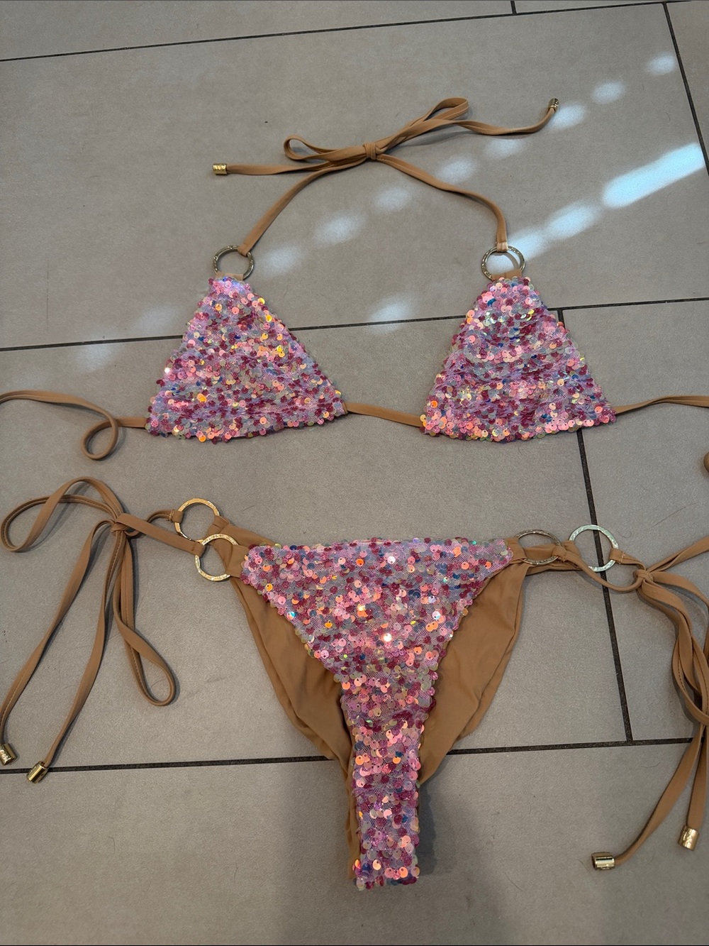 Beach Bunny Pink Sequin Triangle Bikini Set